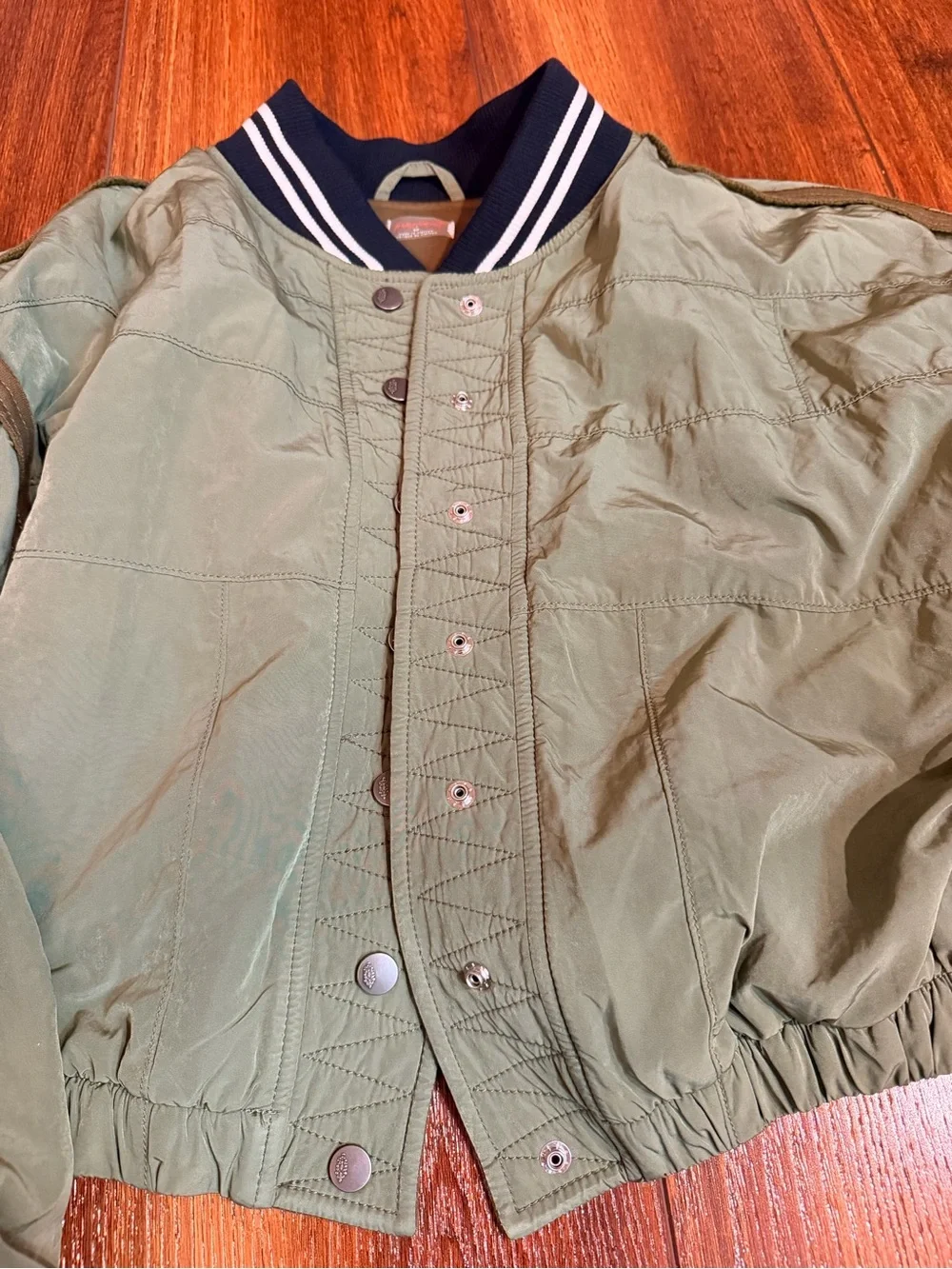 FP Movement by Free People Olive Quilted Bomber with black & White Stripe Trim